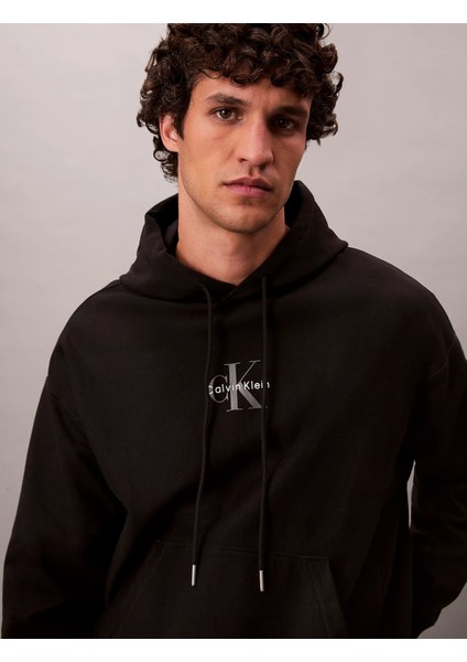 Premium Penye Mikro Monologolu Kapüşonlu Erkek Siyah Sweatshirt LV04RC281G-UB1 fırsatları