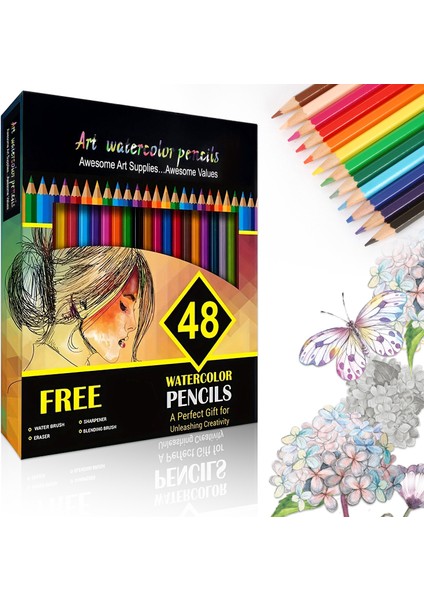 Suluboya Kalem, 48 Yetişkin Profesyonel Renkli Kalem Seti, Boyama, Karıştırma ve Katmanlama Için li Sanat Malzemeleri (Yurt Dışından)