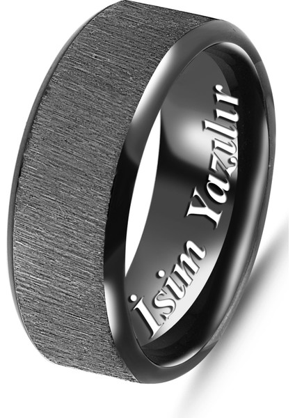 Kişiye Özel Isim Yazılı Köşeli 8mm Mat Fırçalanmış Düz Unisex Çelik Yüzük Alyans CL48Y