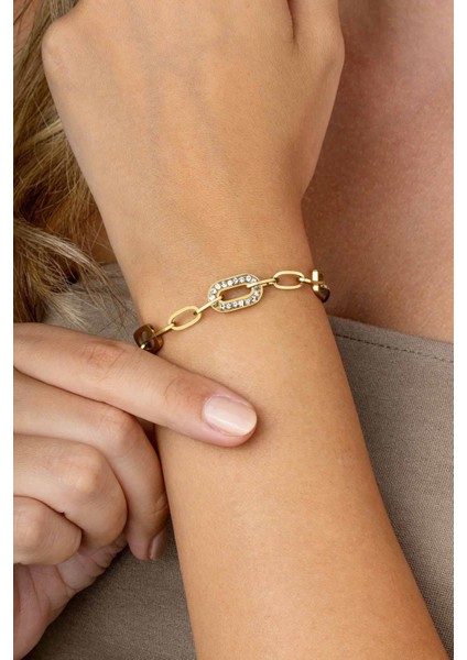 Altın Kaplama Ara Taşlı Zincir Model Kadın Çelik Bileklik