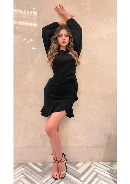Kadın Uzun Kollu Bisiklet Yaka Önden Volanlı Ithal Krep Elbise