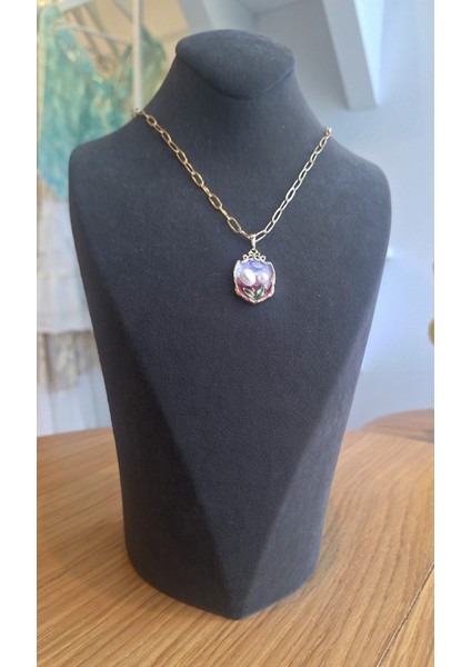 Mineli Inci Detaylı Gold Zincir Kolye – Çift Inci Çiçek Tasarım fiyatları