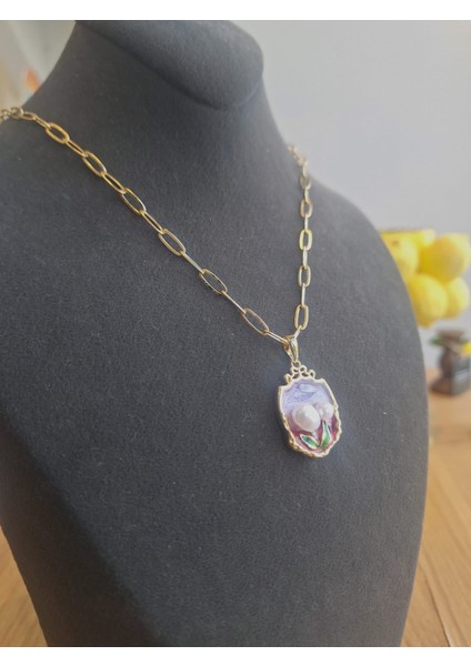 Mineli Inci Detaylı Gold Zincir Kolye – Çift Inci Çiçek Tasarım modelleri