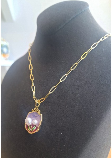 Mineli Inci Detaylı Gold Zincir Kolye – Çift Inci Çiçek Tasarım fırsatları