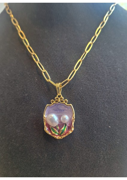 Mineli Inci Detaylı Gold Zincir Kolye – Çift Inci Çiçek Tasarım indirimleri