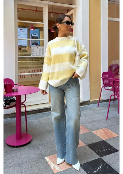 Sarı Bisiklet Yaka Çizgili Triko Kadın Kazak MG2472 indirimleri