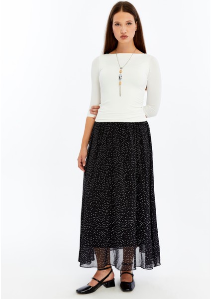 Kadın Siyah Puantiyeli Astarlı Şifon Uzun Boy Dokuma Etek 2201-95