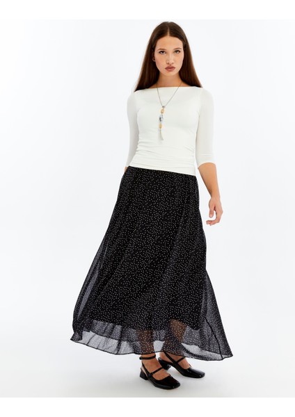 Kadın Siyah Puantiyeli Astarlı Şifon Uzun Boy Dokuma Etek 2201-95 fiyatları