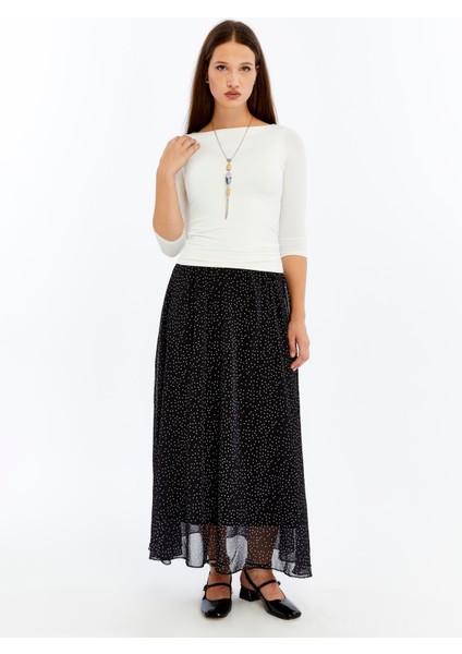 Kadın Siyah Puantiyeli Astarlı Şifon Uzun Boy Dokuma Etek 2201-95 modelleri