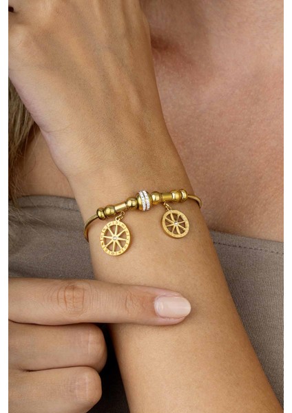 Zodyak Çemberi Figürlü Altın Kaplama Çelik Kadın Charm Bileklik