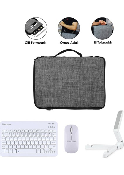 iPad 10.9 2022 10. Nesil Tablet Uyumlu Gri Çanta + Türkçe Bluetooth Klavye + Mouse + Standı - Beyaz AL5163