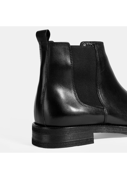 Erkek Siyah Lastik Detaylı Deri Bot