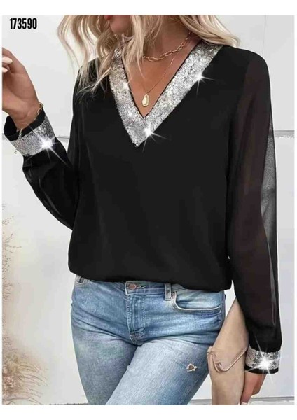 Kadın Uzun Kollu V Yakalı Pulpayet Yakalı Ithal Krep Bluz, Kırmızı Gül Figürlü Kolye Hediye