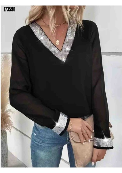 Kadın Uzun Kollu V Yakalı Pulpayet Yakalı Ithal Krep Bluz, Kırmızı Gül Figürlü Kolye Hediye fiyatları