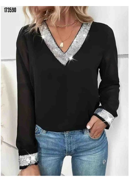 Kadın Uzun Kollu V Yakalı Pulpayet Yakalı Ithal Krep Bluz, Kırmızı Gül Figürlü Kolye Hediye modelleri