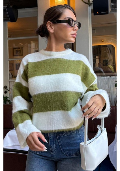 Yağ Yeşili Bisiklet Yaka Çizgili Triko Kadın Kazak MG2472 modelleri