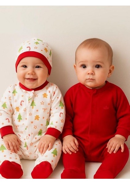 Bebek 3’lü Yılbaşı Temalı Şapkalı Organik Bebek Tulum Seti