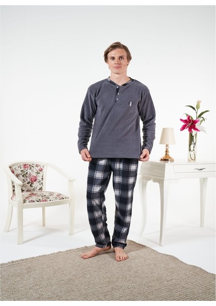 Düz Renk Uzun Kol Polar Erkek Pijama Takım