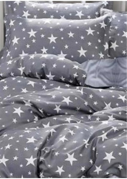 Tek Kişilik Lastikli Çarşaf Nevresim Takımı Gri Beyaz Yıldızlı