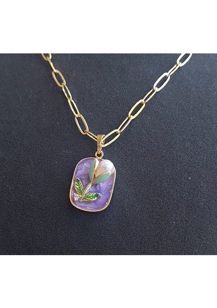 Mineli Inci Detaylı Gold Zincir Kolye – Çiçek ve Yaprak Tasarım