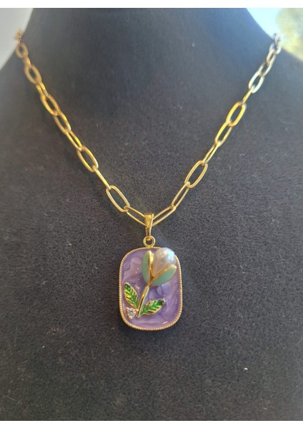 Mineli Inci Detaylı Gold Zincir Kolye – Çiçek ve Yaprak Tasarım