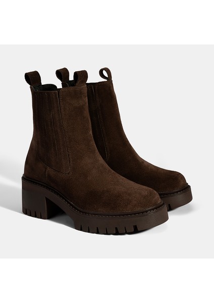 Kadın Kahve Lastikli Topuklu Süet Chelsea Bot