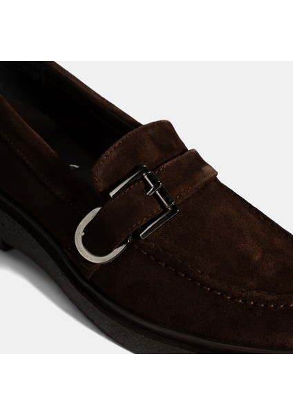 Kadın Kahve Metal Toka Detaylı Süet Loafer