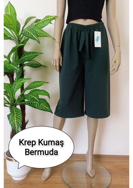 Kadın Yeşil Krep Kumaş Dökümlü Geniş Paça Likralı Bermuda Alt