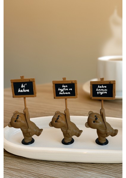 Mottolu Sevimli Ayıcık 3lü Set, Kahve Köşesi Kahve Sunum Yanı 14CM Bioplastik