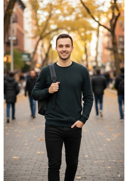 Erkek Kışlık Düğmeli Bisiklet Yaka Armalı Uzun Kollu Kırçıllı Rahat Kesim Likralı Şardonlu Pamuklu Dokuma Kazak fırsatları