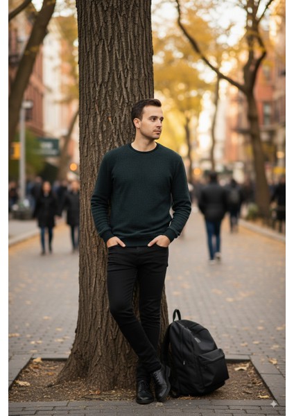 Erkek Kışlık Düğmeli Bisiklet Yaka Armalı Uzun Kollu Kırçıllı Rahat Kesim Likralı Şardonlu Pamuklu Dokuma Kazak indirimleri