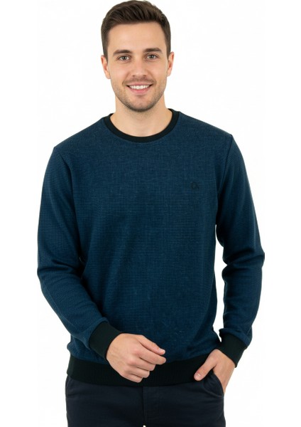 Erkek Kışlık Düğmeli Bisiklet Yaka Armalı Uzun Kollu Kırçıllı Rahat Kesim Likralı Şardonlu Pamuklu Dokuma Kazak