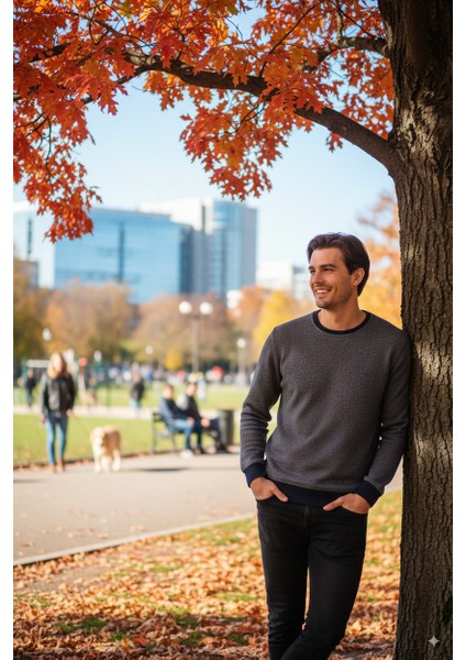 Erkek Kışlık Düğmeli Bisiklet Yaka Armalı Uzun Kollu Kırçıllı Rahat Kesim Likralı Şardonlu Pamuklu Dokuma Kazak indirimleri