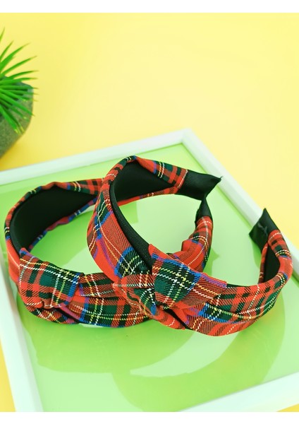 Iskoç Ekose Kumaş Desenli Düğüm Detaylı Taç