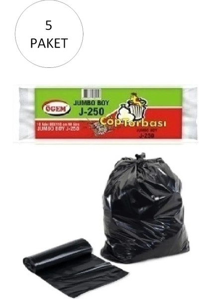 J-250 Jumbo Boy Çöp Torbası 80 x 110 cm 10 Lu Rulo x 5 Paket = 50 Adet (Siyah)
