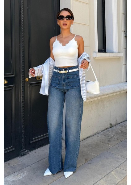 Koyu Mavi Ön Cepli Kadın Jean Pantolon MG2500 indirimleri