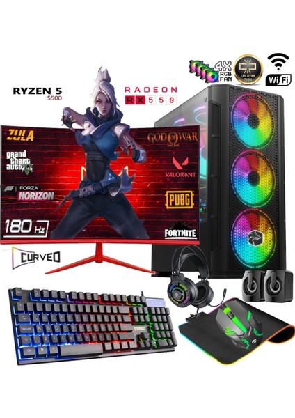 TC55X Ryzen 5 5500 32GB 1tb M.2 SSD RX550 Gddr5 24'' 180Hz Curved Masaüstü Oyuncu Bilgisayarı