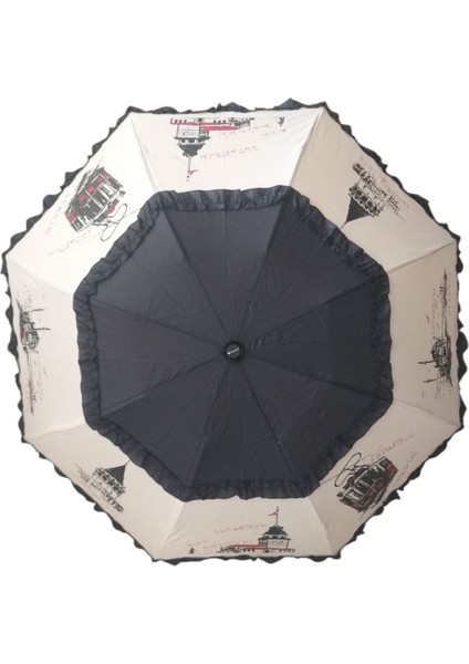 Istanbul Desenli Ruzgara Dayanıklı Manuel Bayan Şemsiyesi Siyah-Bej