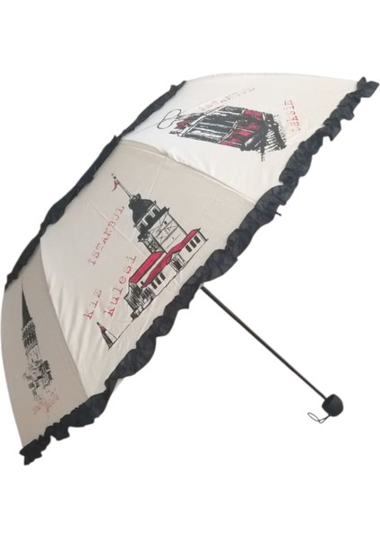 Istanbul Desenli Ruzgara Dayanıklı Manuel Bayan Şemsiyesi Siyah-Bej fiyatları