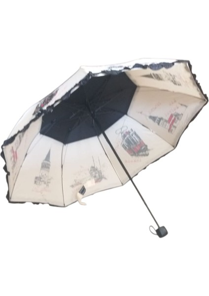 Istanbul Desenli Ruzgara Dayanıklı Manuel Bayan Şemsiyesi Siyah-Bej modelleri