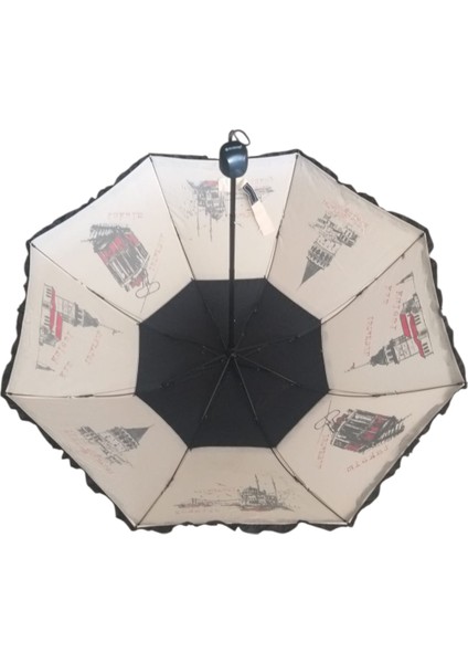 Istanbul Desenli Ruzgara Dayanıklı Manuel Bayan Şemsiyesi Siyah-Bej fırsatları