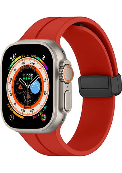 Apple Watch Ultra 3 (49MM) Uyumlu Metal Tokalı Silikon Kordon-84 Kırmızı