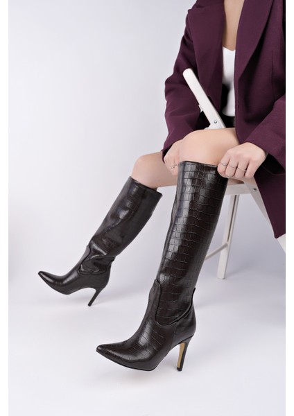Clarissa Sivri Burun Kroko Desenli Ince Topuklu Kadın Çizme
