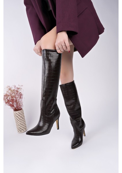 Clarissa Sivri Burun Kroko Desenli Ince Topuklu Kadın Çizme modelleri