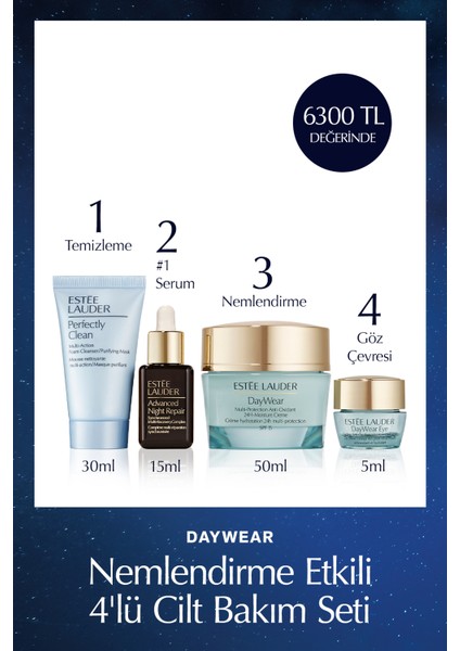 Daywear Nemlendirme Etkili 4'lü Set - Serum 15ML+ Temizleme 30ML+ Göz Kremi 5ml+ Krem 50ML