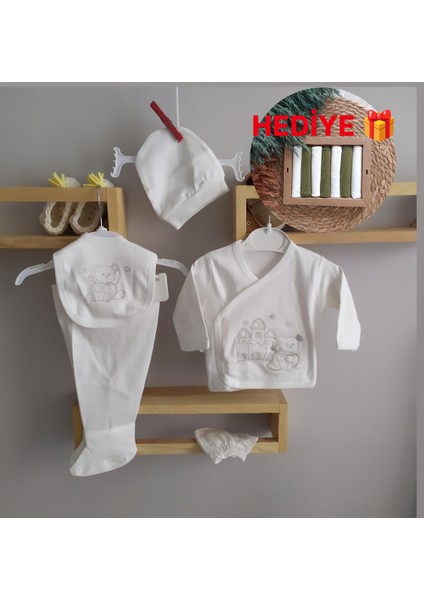 Minilkabebe Hastane Çıkış Seti Şato Nakışlı 5 Li Ekru & 7 Lİ ağız Mendili HEDİYELİ