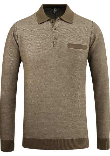 Erkek Polo Yaka Kazak Cepli Pike Desen Çelik Örgü Klasik Kalıp - 5214F