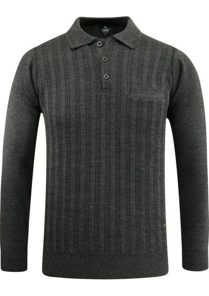 Erkek Polo Yaka Kazak Cepli Desen Çelik Örgü Klasik Kalıp - 5203F