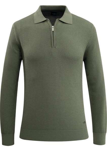 Erkek Fermuarlı Polo Yaka Kazak Triko Kabartmalı Örgü Düz Renk Klasik Kalıp - 5240F