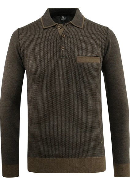 Erkek Polo Yaka Kazak Cepli Desenli Çelik Örgü Klasik Kalıp - 5208F